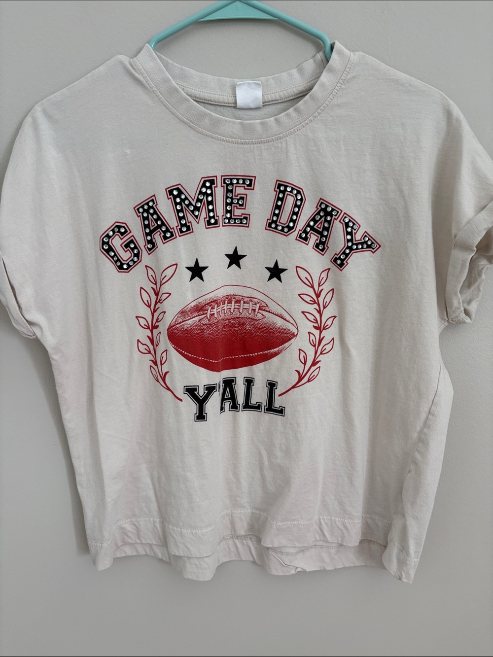 PINK Victoria's Secret Cream Tee with Red and Black Game Day Graphic